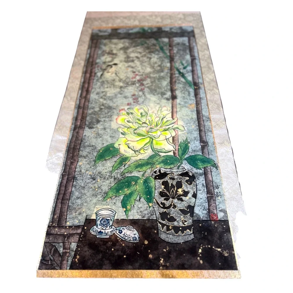 Vintage Asian Wall Scroll Yellow Peony Flower Silk‎ Brocade Porcelain Ends 48in